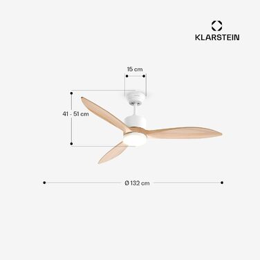 Стельовий вентилятор Klarstein SkyBreeze з підсвічуванням та керуванням для вулиці (IP44), 6 швидкостей, димування, 132 см, колір клен, Smart