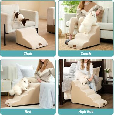 Dog Stairs for Small Dogs 50cm, Pet Stairs for Bed made of High-Density Sponge, Dog Stairs Dog Ramp with Washable Cover and Non-Slip Bottom, 40x72x50cm, 4 Steps, Beige