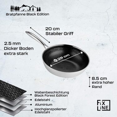 FIXLINE® Сковорода Black Forest 28 см з антипригарним покриттям без PTFE, для всіх типів плит (включно з індукцією), сумісна з духовкою до 230°C, легке очищення, ідеальна ідея для подарунка