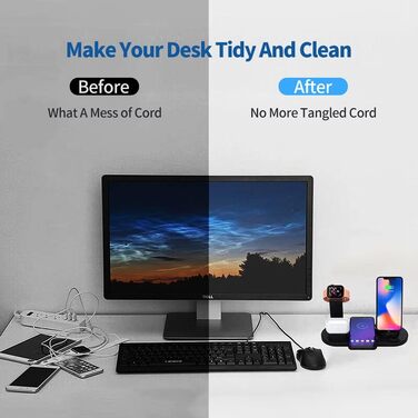 База для бездротової зарядки 6-в-1, 360° обертання, сумісна з Apple, Micro, Type-C, Qi, iWatch, AirPods, iPhone, Samsung Galaxy, чорний