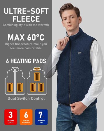 LABCOOL Тепла жилетка з підігрівом - чоловіча та жіноча жилетка з флісу - USB-підігрів з акумулятором 10000mAh - 6 зон підігріву з 3 рівнями температури - можна прати в пральній машині, розмір M, синій