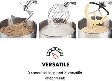 Klarstein 5L Stainless Steel Stand Mixer - 2000W Kitchen Machine with Dough Hook & Whisk - 6 Speed Universal Mixer for Baking & Cooking