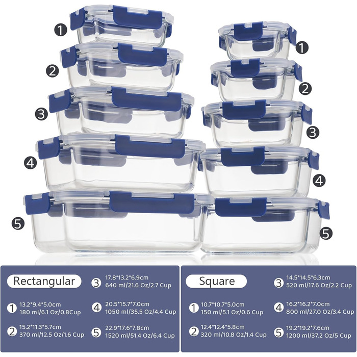 Набір скляних контейнерів для зберігання їжі з кришками з преміум-пластику, 10 шт., блакитні