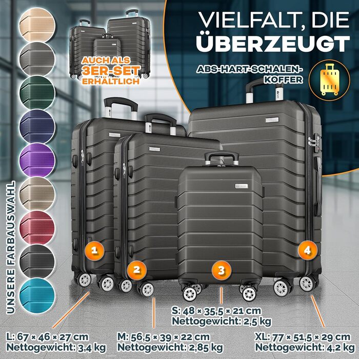 Набір валіз Tillvex® 4 шт. + ваги для багажу, 8 ременів для валіз & 4 фіксатори | Валізи на 4 колесах | Trolley з TSA замком | Жорсткий корпус S-M-L-XL, сірий / антрацитовий