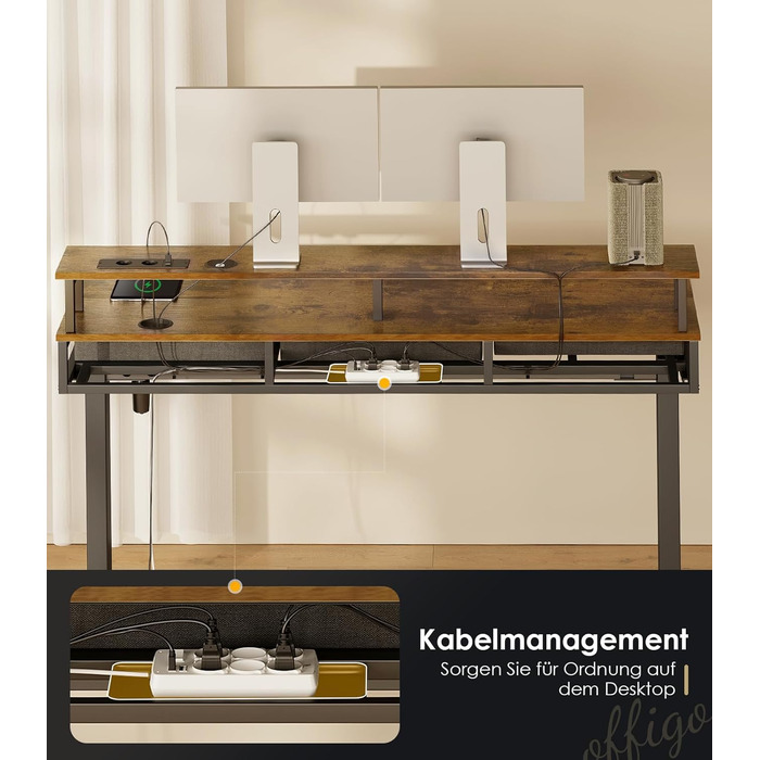 OffiGo Electric Standing Desk with Drawers, 120cm Adjustable Height Desk with Monitor Stand, Gaming Desk with Power Outlets & LED Light Bar, Brown Office Desk - 120 x 54cm