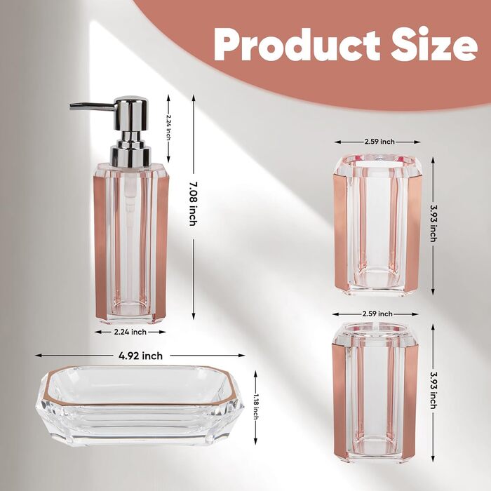 Набір аксесуарів для ванної кімнати з акрилу преміум-якості (4 шт.): дозатор для дезінфікуючого засобу, диспенсер для лосьйону, мильниця, стакан для ополіскувача, стакан для зубної пасти (чорний/золотий)