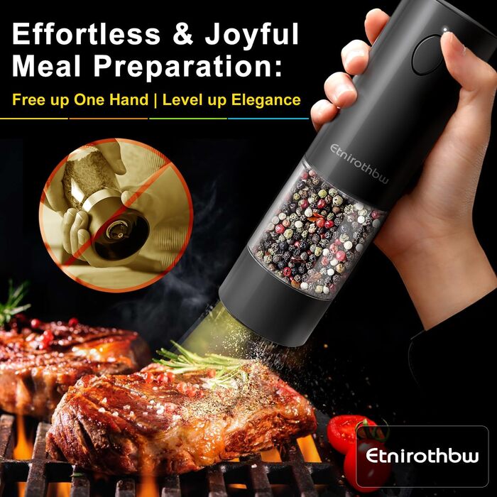 Electric Salt and Pepper Grinder Set, 2 Pieces, Automatic One-Hand Operation Pepper Grinders Rechargeable, Auto Pepper Shakers with Dust Covers, 5 Adjustable Coarseness Settings, LED Light