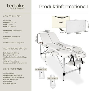 Масажний стіл Tectake® складний, регульований по висоті, з 3 зонами, для косметичних процедур, масажу, татуювання, з аксесуарами (сумка, ролики) - білий