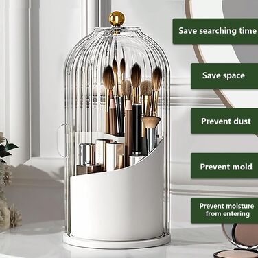 Hidden Toothbrush Holder, Makeup Brush Holder with Lid, 360 Degree Rotating, Waterproof, Dustproof, Organizer, Divided Organizer for Vanity, White