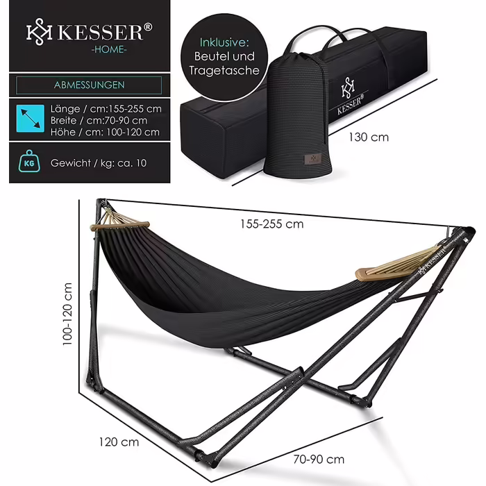 KESSER® Hammock Vill with Metal Stand, Foldable and Adjustable, Stable Frame, Indoor & Outdoor Use, Includes Carry Bag + Bag, Hanging Chair, Hammock Stand, Camping, Garden, Pool, Balcony, Terrace, Anthracite