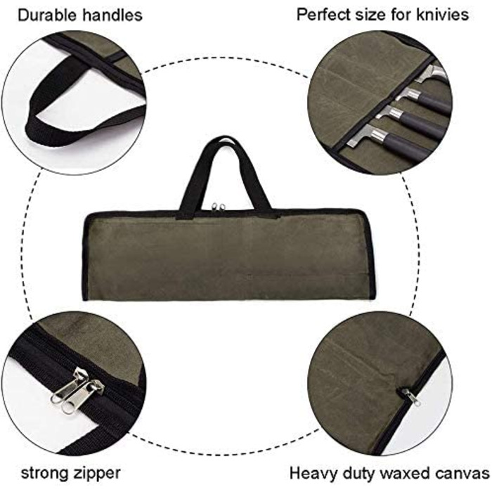 QEES 4-Compartment Knife Storage Case, Knife Pouches for Small Kitchen Knives, Chef's Knife Bag, Kitchen Tool Bag for Kitchen Knife Set (Army Green)