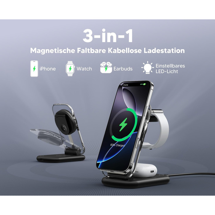 Зарядний пристрій MagSafe 3-в-1 для iPhone 17/16/15/14/13/12 Pro Max/Air/Plus/Pro та Apple Watch 10/9, AirPods 3/2/Pro, чорний