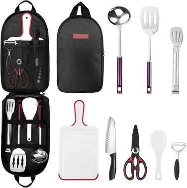 Odoland Kitchen Helper Set, Kitchen Gadget Set, Outdoor Cookware Set with Santoku Knife, Kitchen Scissors, Spatula, Tongs, Ladle, Cutting Boards - Ideal for Picnics, Travel, Hiking, and Gardening