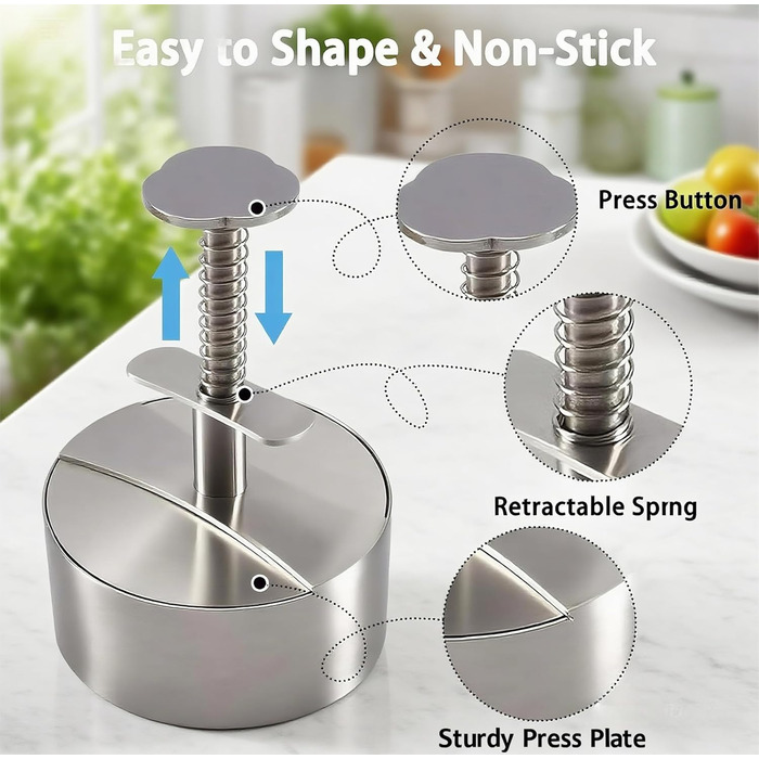 Прес для бургерів з нержавіючої сталі 304, регульований, з папером для бургерів (150 шт.)