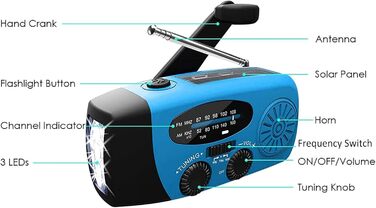Радіоприймач сонячний Solar-Radio 2000mAh з ручним заводом, AM/FM, SOS-сигналом, LED-ліхтарем та USB-зарядкою, водонепроникний для кемпінгу, туризму та надзвичайних ситуацій (синій)