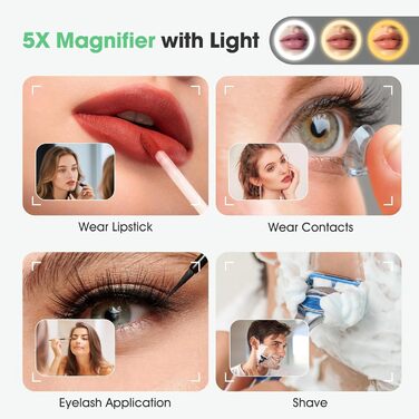 Дзеркало для ванної кімнати S'bagno з підсвічуванням 100x70 см, LED, з пам'яттю, антизапар, 3 колірні температури, регулювання яскравості, HD скло, IP44, горизонтальне/вертикальне (з 5-кратною лупою та Bluetooth)