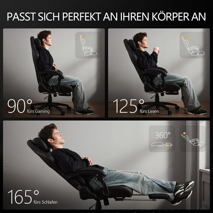 Ігровий крісло Dowinx Big and Tall з масажем попереку, підставка для ніг, ергономічний комп'ютерний стілець, PU шкіра, 180 кг, чорний