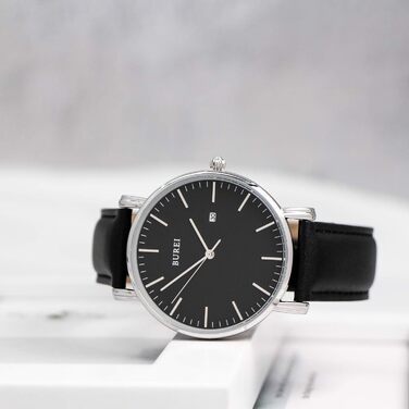 Годинник чоловічий BUREI, мінімалістичний, аналоговий кварцовий годинник з сітчатим ремінцем, чорний/срібний, подарунок для чоловіків