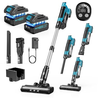 Бездротовий акумуляторний пилосос 700W з 2 акумуляторами 4.0 Ah, LED-дисплеєм, щіткою проти ковтунів, об'ємом 2L, синього кольору. Підходить для килимів, шерсті тварин та твердих підлог.