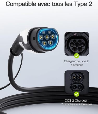 Кабель зарядки Tomons для електромобілів, 32A, 3-фазний, Тип 2, з чохлом та мікрофіброю, сумісний з Tesla Model S/3/X/Y, Volkswagen ID.3, ID.4 (22kW, 7м)