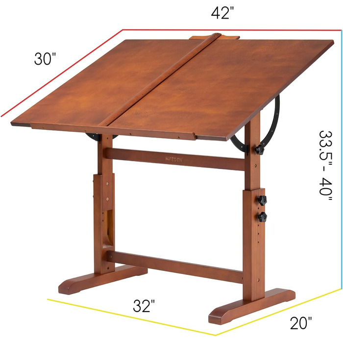 MEEDEN Large Walnut Wood Art Drawing Table - Adjustable Height Studio Desk for Painting, Writing & Reading (107 x 76cm)