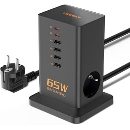 Зарядний пристрій TESSAN 6 в 1 з 6 портами USB, 65W, з кабелем 2м, для телефонів, планшетів та іншого, білий/чорний