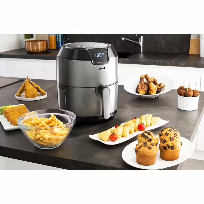 Tefal EY401D Hot Air Fryer Easy Fry Deluxe XL | Air Fryer | 1500 W | 4.2 L for 6 servings | 8 automatic programs | Digital display | energy-saving | healthy fryer without oil | stainless steel