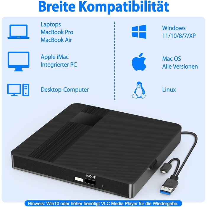 Зовнішній USB 3.0 Type-C CD/DVD привід-записувач (DVD +/-RW), портативний для ноутбука, ПК та Mac (Windows, Linux, macOS), чорний