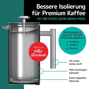 Френч-прес Coffee Gator 1 літр з термокружкою, з нержавіючої сталі, для дому, офісу, кемпінгу (Помаранчевий)