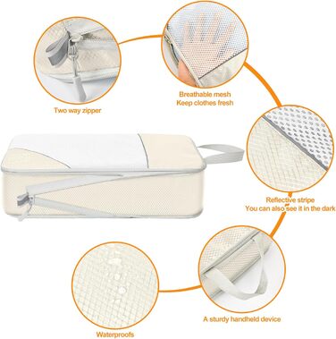 Набір кубиків для пакування 10 шт. Компресійні органайзери для валізи. Кольори: бежевий + чорний. Організація багажу в подорожі, розширені кишені для одягу