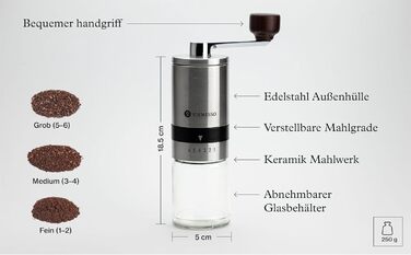 VIENESSA Coffee Grinder Manual/Hand with Ceramic Burr | manual coffee and espresso grinder with 6 grind settings | hand coffee grinder made of stainless steel and glass container + E-Book (silver)
