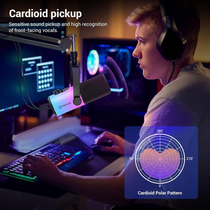 Ігровий мікрофон FDUCE з USB/XLR підключенням для стрімінгу, запису подкастів та співу з RGB-підсвіткою, регулятором посилення та навушниками (D20+)