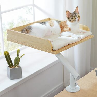 Кішка ліжко PAWZ Road для столу з інтерактивним плюшевим м'ячем, кошик для котів, 360° обертається, гамак для котів, ліжко для котів, підходить до 22.5 кг (Бежевий, прямокутний, дерев'яний)