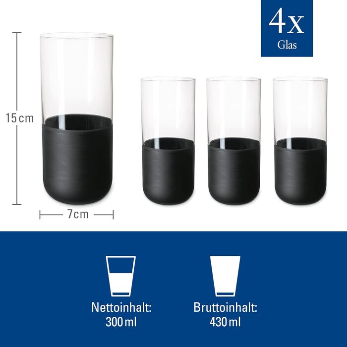Villeroy & Boch Rock Blanc Long Drink Glasses Set - 4 Piece Cocktail & Mocktail Glasses - 300ml Crystal Glass - Matte White Slate Look