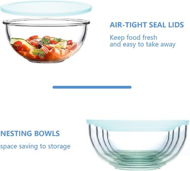 4-Piece Glass Bowl Set with Lids, Glass Mixing Bowl Set (3.5L, 2.0L, 1.0L, 0.5L), Large Salad Bowl with Lid, Oven, Microwave and Dishwasher Safe