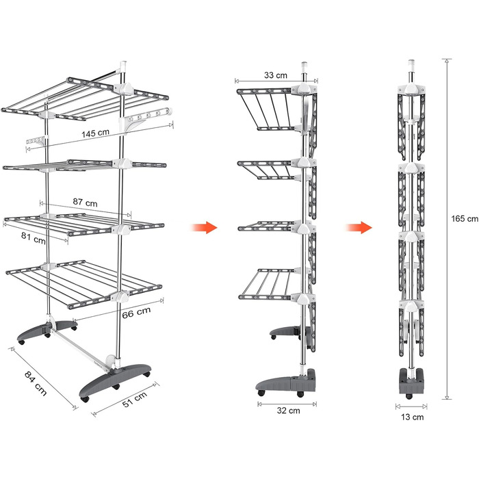 Турбо сушарка для білизни Todeco з нержавіючої сталі, 4 яруси, мобільна, сіра