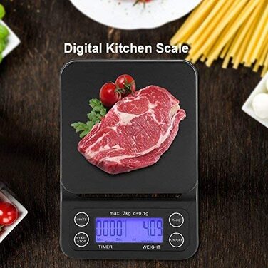 Кухонні ваги цифрові 3 кг/0,1 г з LCD дисплеєм, функцією тарування та таймером, чорного кольору.