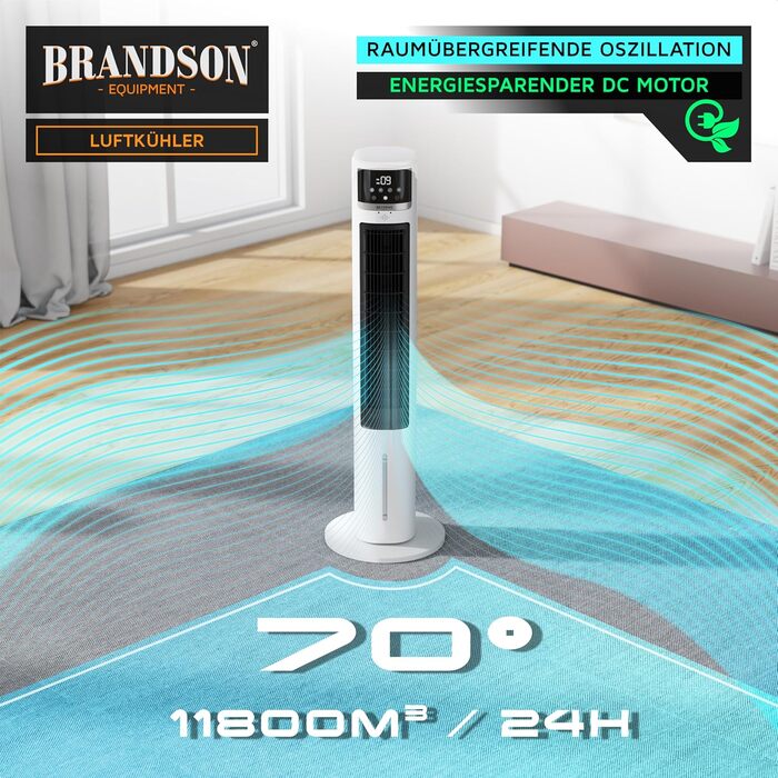 Вентилятор з водяним охолодженням Brandson ECO Design: тихий, 9 швидкостей, таймер, осциляція, іонізація, з пультом, білий