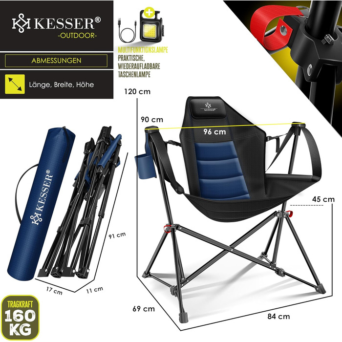 Крісло-гойдалка KESSER® для кемпінгу, риболовлі та пляжу, 160 кг, з підсвіткою та тримачем для напоїв, сіре (темно-синій/чорний)