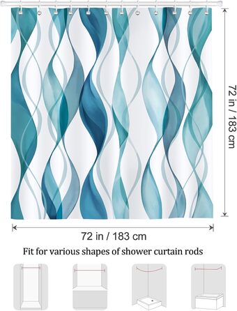 Шторка для душу Bonhause 180x180 см, водонепроникна, антигрибкова, смугаста, поліестер, для ванної кімнати, з 12 кільцями, колір Teal