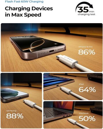 Набір USB-C кабелів LISEN 60W, [4 шт., 0,5м, 1м, 1м, 2м] для iPhone 17 Pro Max, Switch, Samsung Galaxy S25, MacBook, iPad, Xiaomi, Pixel (2м+2м, білий)