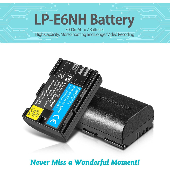 Зарядний пристрій ENEGON LP-E6NH 20W Dual з 2x акумуляторами 3000mAh для Canon EOS 5D, 6D, 7D, 60D, 70D, 80D, 90D, XC10, XC15, R, R5, R6, R7 - LCD дисплей