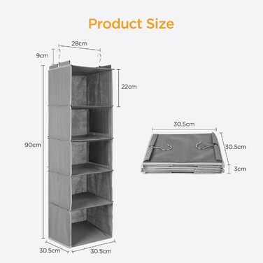 Органайзер для шафи Cozary з 5 відділеннями, складаний, з металевими гачками - сірий