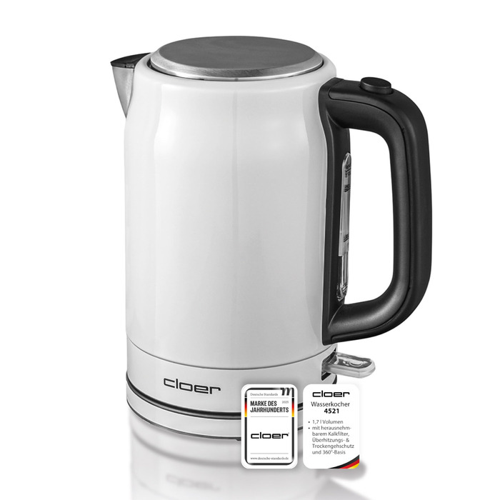 Електричний чайник Cloer 4511 з нержавіючої сталі, 2200 Вт, білий, 1.7 л, з індикатором рівня води та захистом від сухого кипіння та перегріву