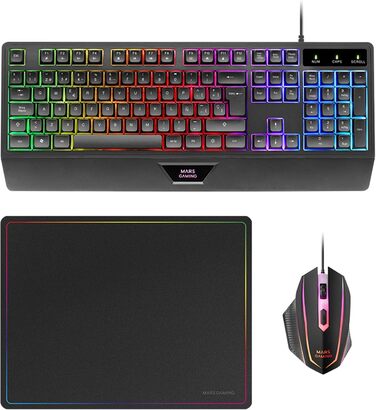 Ігровий комбо MARSGAMING MCP124: Клавіатура H-Mech LED RGB, Миша 3200DPI з HUANO Switches, Килимок Nanotextil 360x260mm, Підтримка Multiplatform, Іспанська розкладка, Чорний колір