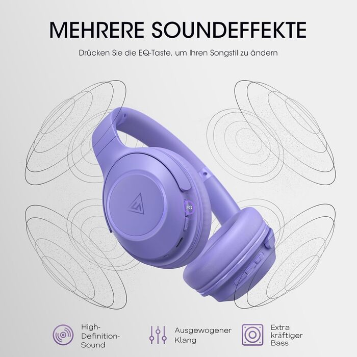 Бездротові навушники DOQAUS Bluetooth з довгим терміном служби (70 годин), Over-Ear, Bluetooth 5.4, з кабелем, 3 режими EQ, Hi-Fi стерео для подорожей/телефону/ПК (фіолетові)