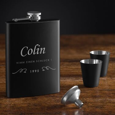 Набір Maverton Flachmann Set: фляга 200 мл з гравіюванням + 4 склянки для шнапсу 20 мл та воронка - фляга для чоловіків, матовий чорний колір