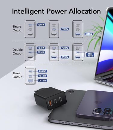 Зарядний пристрій USB-C 65W з 3 портами, чорний. Швидка зарядка для MacBook, iPhone, Switch, Galaxy, Tablet, Laptop