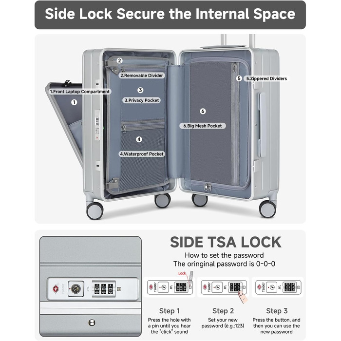 Чемодан-валіза Sea Choice Handgepäck з відділенням для ноутбука 15.6', з PC корпусом, USB-портом, TSA замком та коліщатками 360° (Срібний)