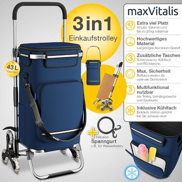 Stair Climber Shopping Trolley with Cooler Compartment, Folding Shopping Cart, Height-Adjustable Shopping Trolley, Reflectors, Removable 43 L Bag, Hackenporsche (Stair Climber Trolley, Navy)